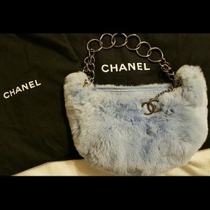 Authentic CHANEL sky blue fur chain hobo purse